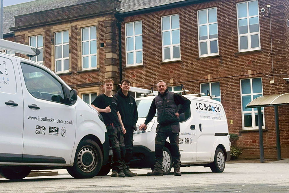 J.C. Bullock & Son Ltd team and service vans in Low Fell, Gateshead — professional electricians